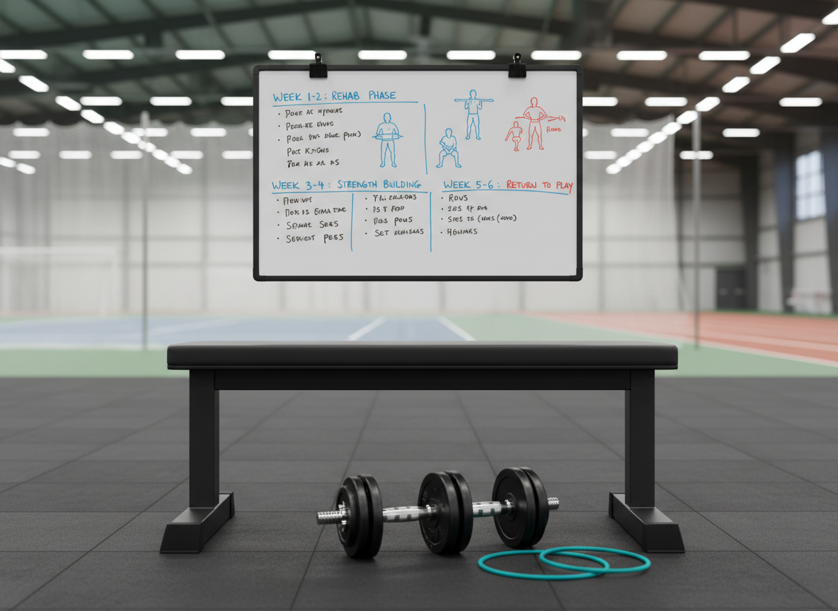 A sturdy, matte-black gym bench positioned beneath a detailed strength-training plan clipped to a whiteboard, with diagrams of exercises and notes like "rehab phase" and "return to play" written in neat marker. On the floor rests a pair of modestly used adjustable dumbbells and a neatly rolled resistance band in vibrant teal. The background shows a blurred view of an indoor training facility with faint outlines of nets and a track curve. Overhead LED lights provide clear, even illumination with soft reflections on metal surfaces. Captured at eye level with a slightly wide angle, the composition emphasizes structure and recovery, conveying a supportive, purposeful atmosphere in clean, photographic realism.