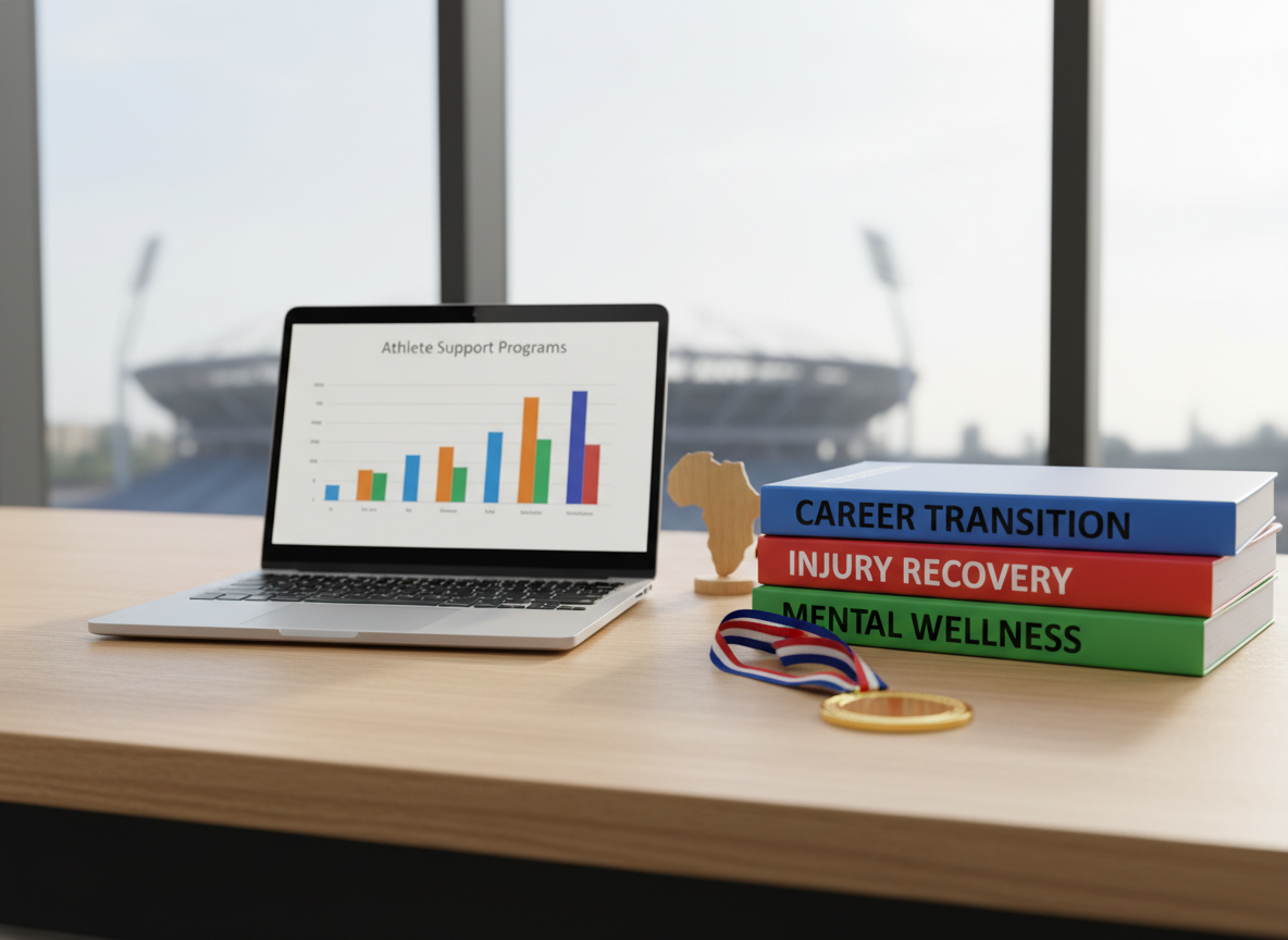 An organized workspace featuring an open silver laptop displaying a colorful bar chart labeled "Athlete Support Programs" beside a stack of neatly arranged, spiral-bound training manuals marked with bold headings like "Career Transition" and "Injury Recovery". A small African continent-shaped wooden desk ornament and a single gold medal laid flat on the table add subtle sports context. The desk is a light oak surface near a large window overlooking a faintly visible stadium silhouette. Soft natural daylight floods the scene, creating a bright, focused mood. Shot at a three-quarter angle with sharp focus throughout, the photographic realism and clean composition convey professionalism, strategy, and structured support for women athletes.