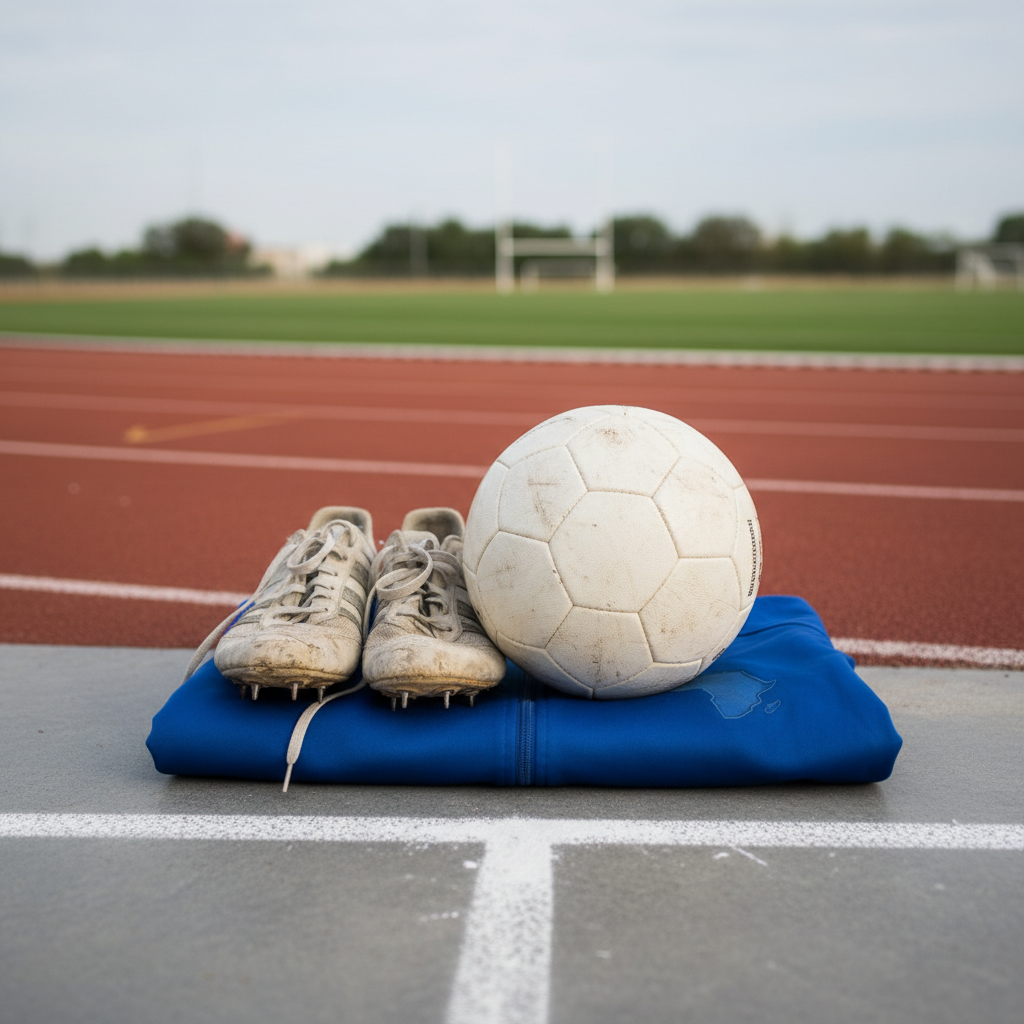 A pair of well-worn track spikes and a slightly scuffed football, both carefully arranged on a neatly folded deep-blue training jacket emblazoned with a subtle African map emblem. They rest on a smooth concrete floor beside a white chalked starting line, with a blurred running track and goal posts in the distance. Soft overcast daylight creates even, diffused lighting with gentle shadows, emphasizing texture in the fabrics and rubber. Photographed from a slightly elevated angle with the gear in the foreground and the field receding behind, the image feels authentic, hopeful, and forward-looking, capturing the transition from competition to new beginnings in a realistic, professional style.